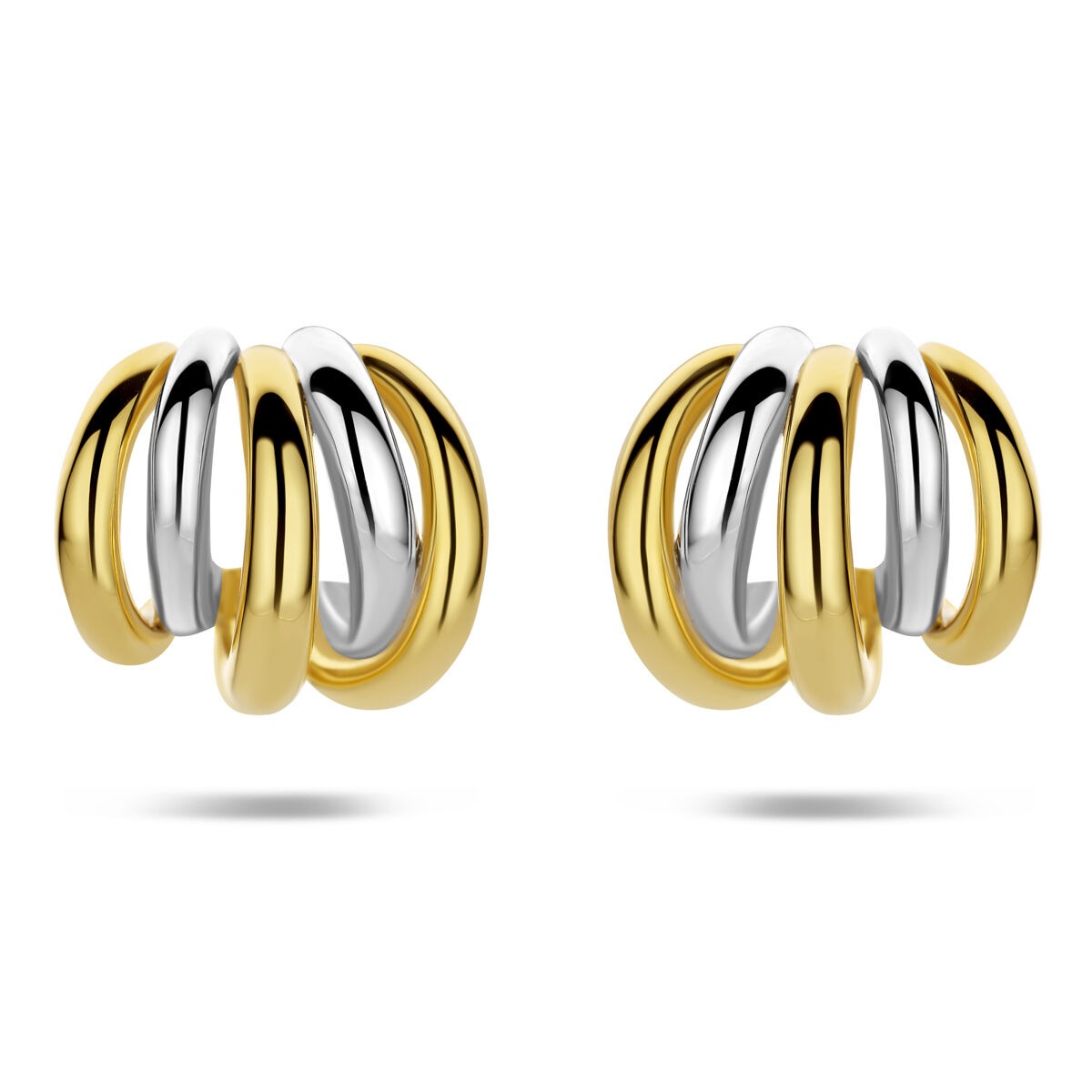 Boucles d'oreilles en argent 925, plaquées or et rhodium, avec un design en spirale.