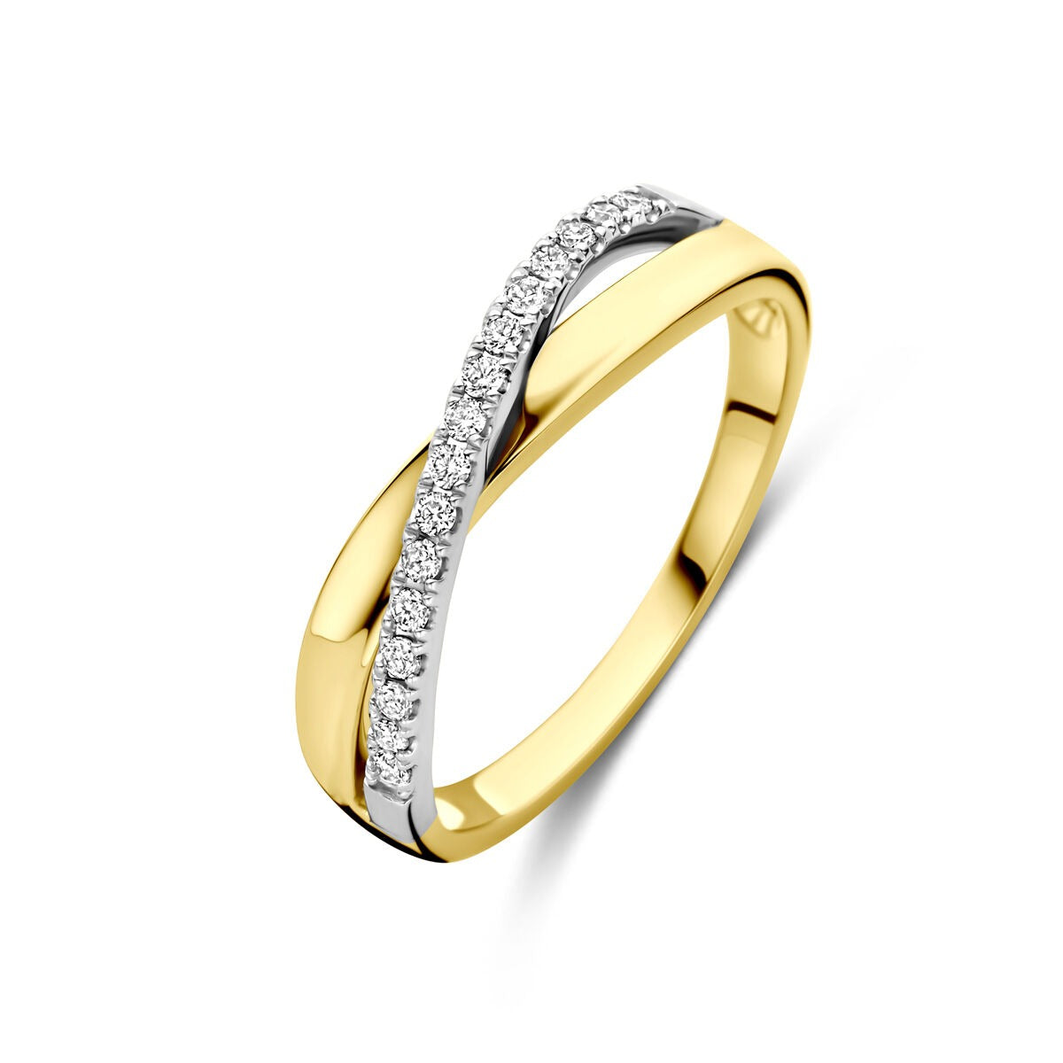 Bague bicolore en or 14 carats avec diamants de 0,14 ct, largeur de 5 mm.