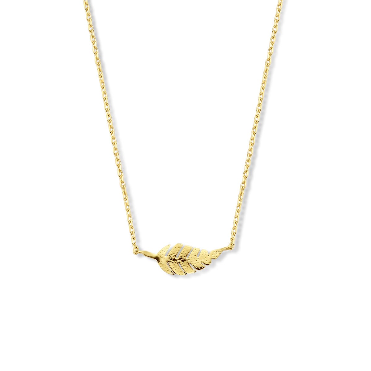 Collier en or jaune 14k avec un pendentif en forme de feuille.