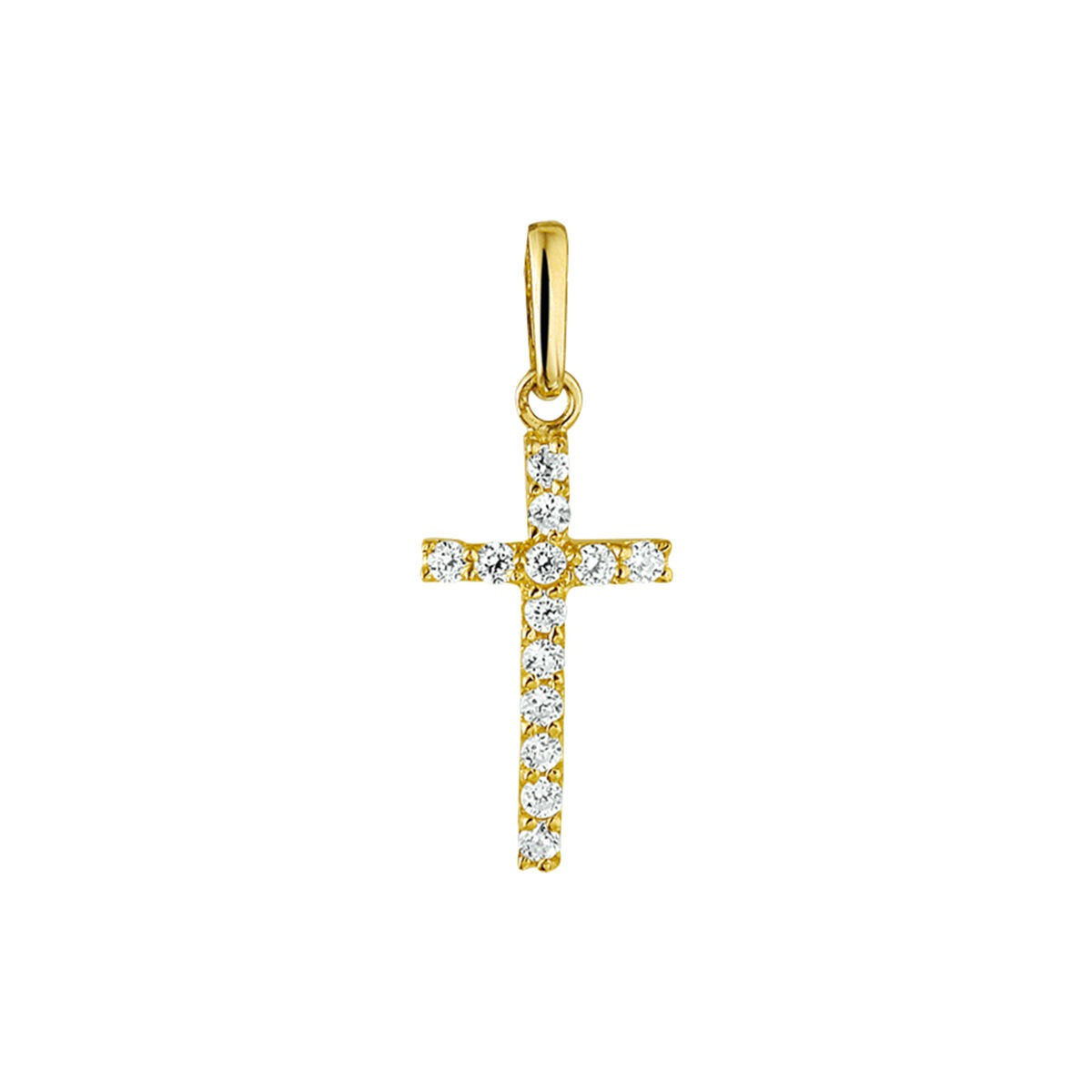Pendentif croix en or jaune 9 carats, orné de zirconiums brillants.