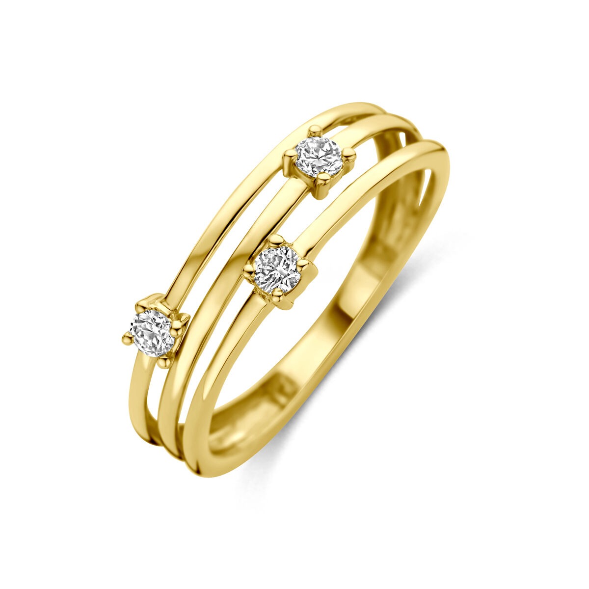 Bague en or jaune 14 carats avec trois diamants synthétiques.