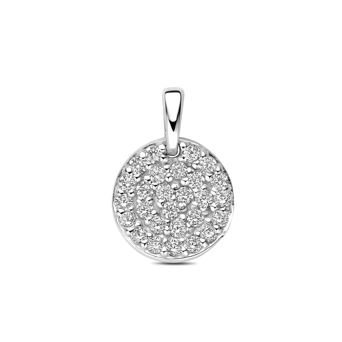 Pendentif en argent rhodié orné de zirconiums, de forme ronde et brillante.