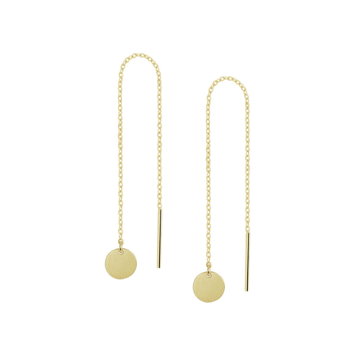 Boucles d'oreilles en or 14 carats avec des chaînes et des disques ronds.