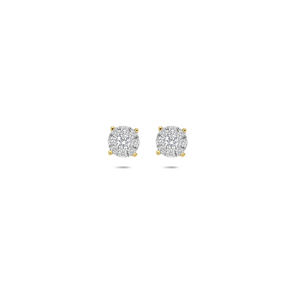 Boucles d'oreilles bicolores en or 14 carats avec diamants de 0,25 ct, de forme ronde et mesurant 5 mm.