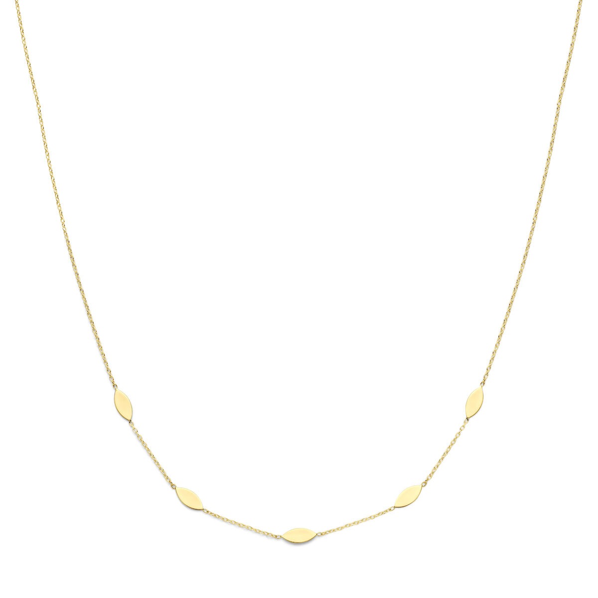Collier en or 14 carats avec des entretoises délicates en forme de feuilles.