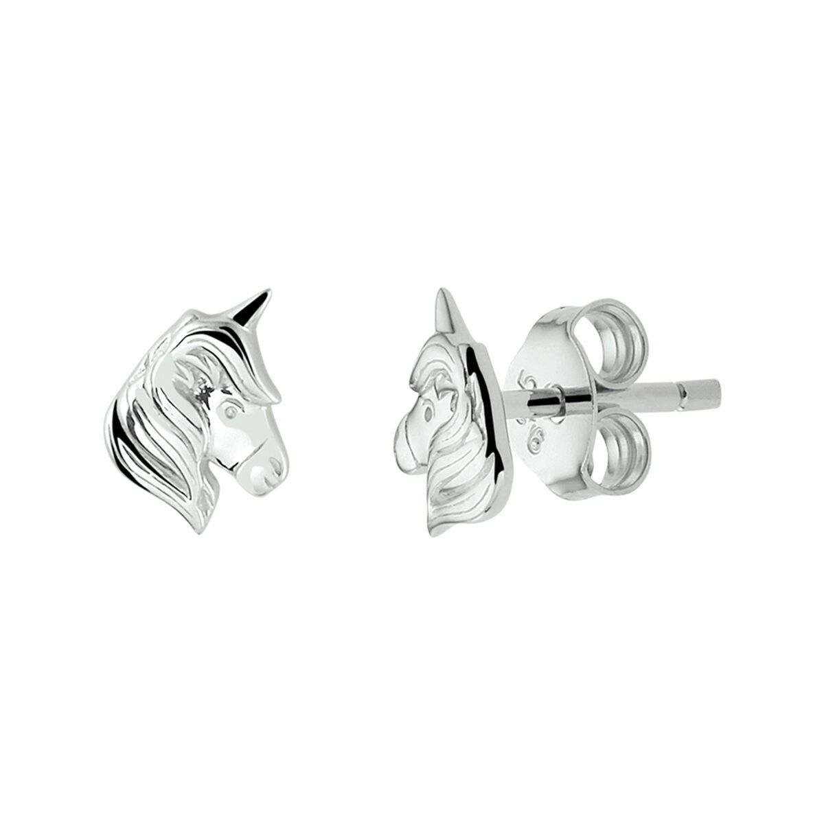 Boucles d'oreilles en argent rhodié en forme de tête de licorne.