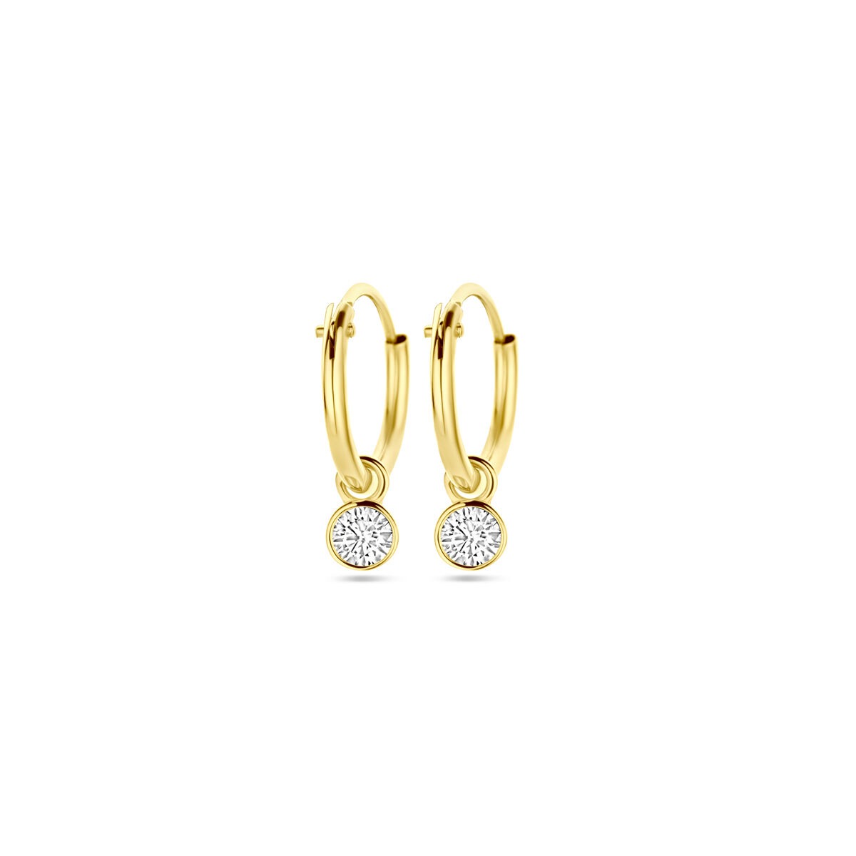 Boucles d'oreilles en or 14 carats avec zirconia, forme ronde et finition brillante.