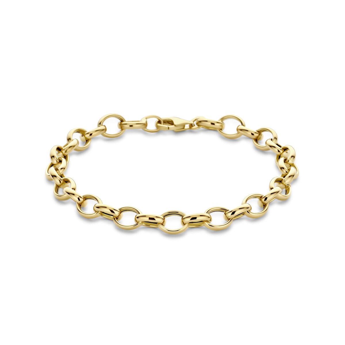 Bracelet en or jaune 14 carats avec maillons fantaisie, au design élégant et caractéristique.