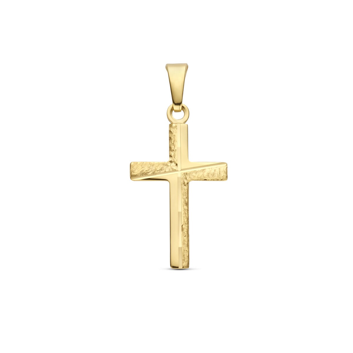 Pendentif croix en or jaune 9 carats avec une finition texturée.