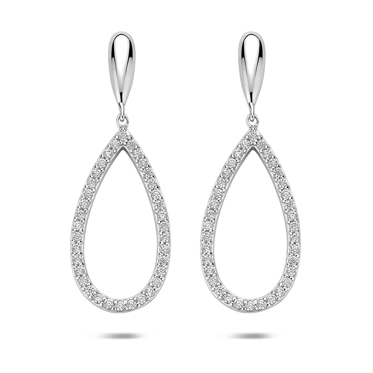 Boucles d'oreilles en argent rhodié avec zircons, en forme de goutte, mesurant 43 mm.