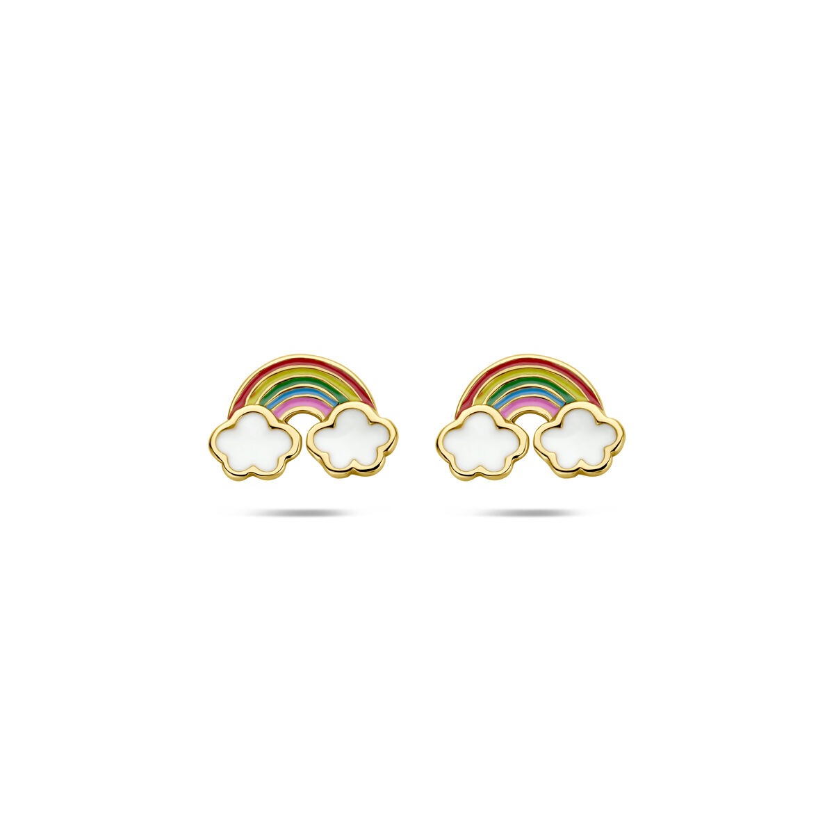 Boucles d'oreilles en argent 925 doré représentant un arc-en-ciel avec des nuages blancs.