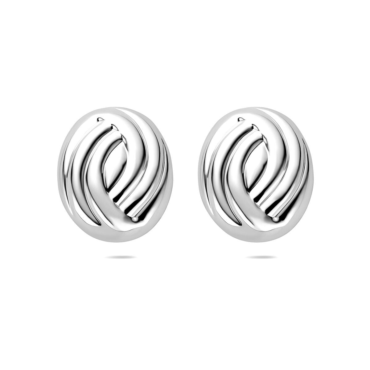 Boucles d'oreilles en argent rhodié, forme ovale avec un design entrelacé.