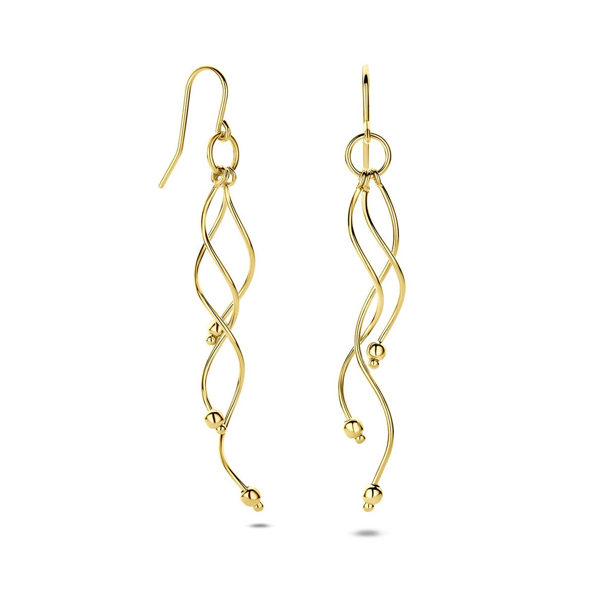 Boucles d'oreilles en or jaune 14 carats avec un design ondulé et des billes suspendues.