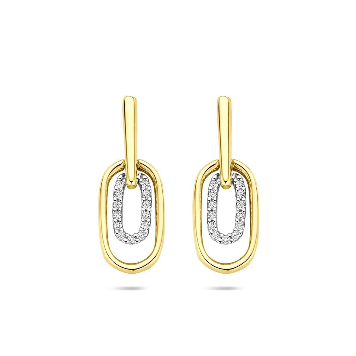 Boucles d'oreilles bicolores en or jaune et blanc avec diamants, 20 mm de hauteur.