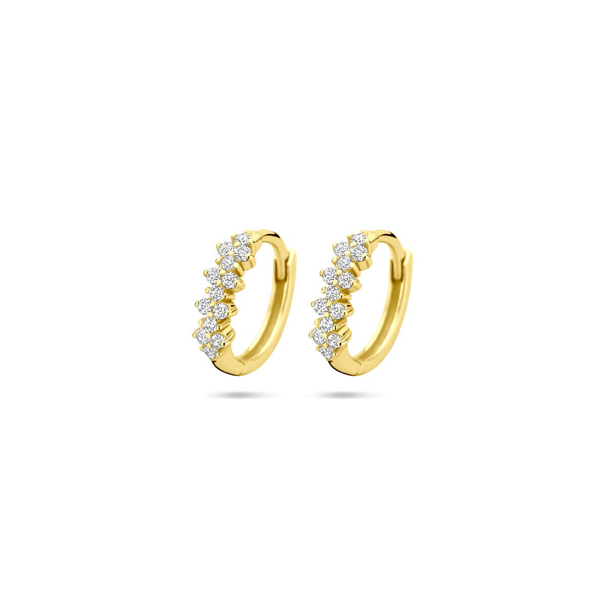Vergulde zilveren klapoorringen met zirkonia, 11,5 mm diameter, met een rij van sprankelende steentjes.