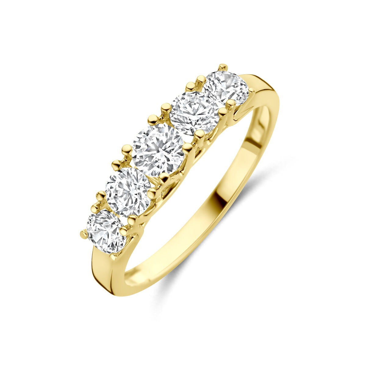 Bague en or jaune 14 carats avec cinq zirconias brillantes.
