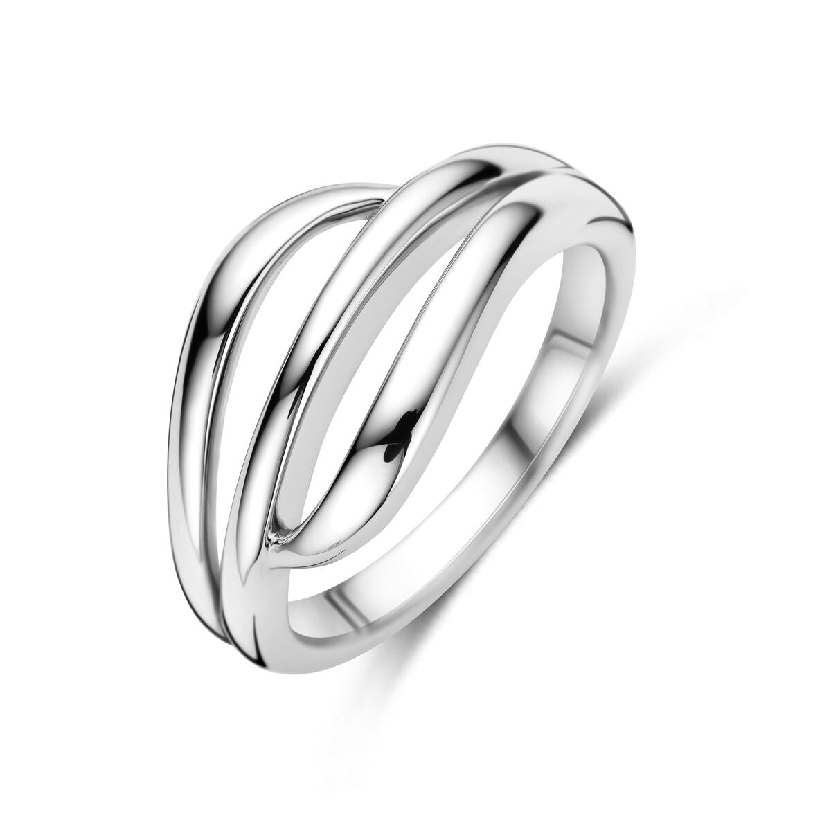 Bague en argent rhodié pour femme, large de 11 mm, avec un design fluide et moderne.