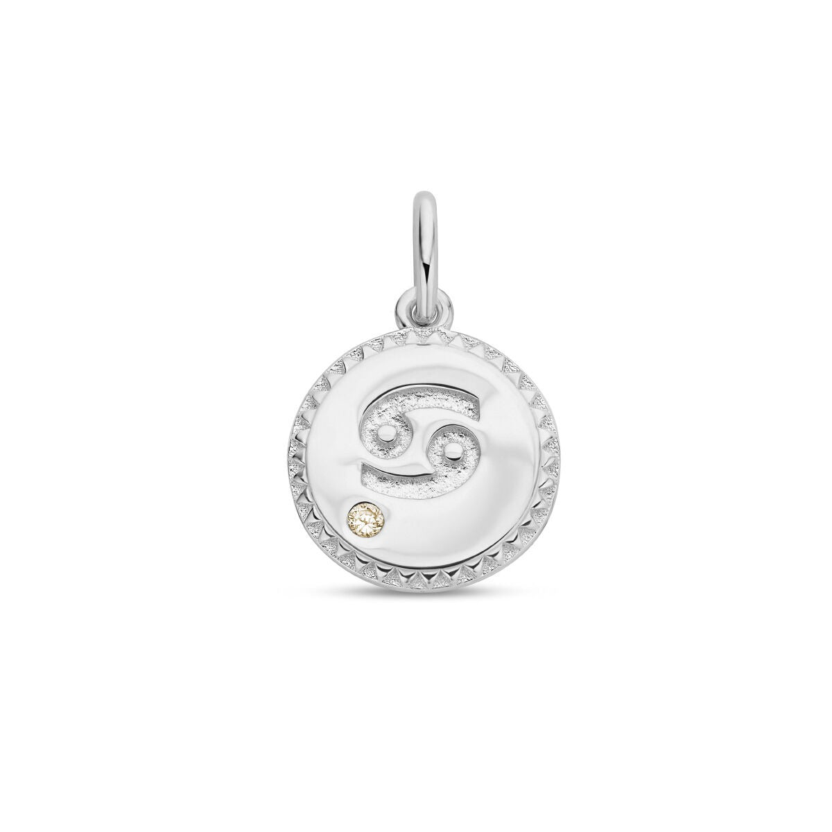 Pendentif en argent avec motif de signe astrologique et zircon vert.