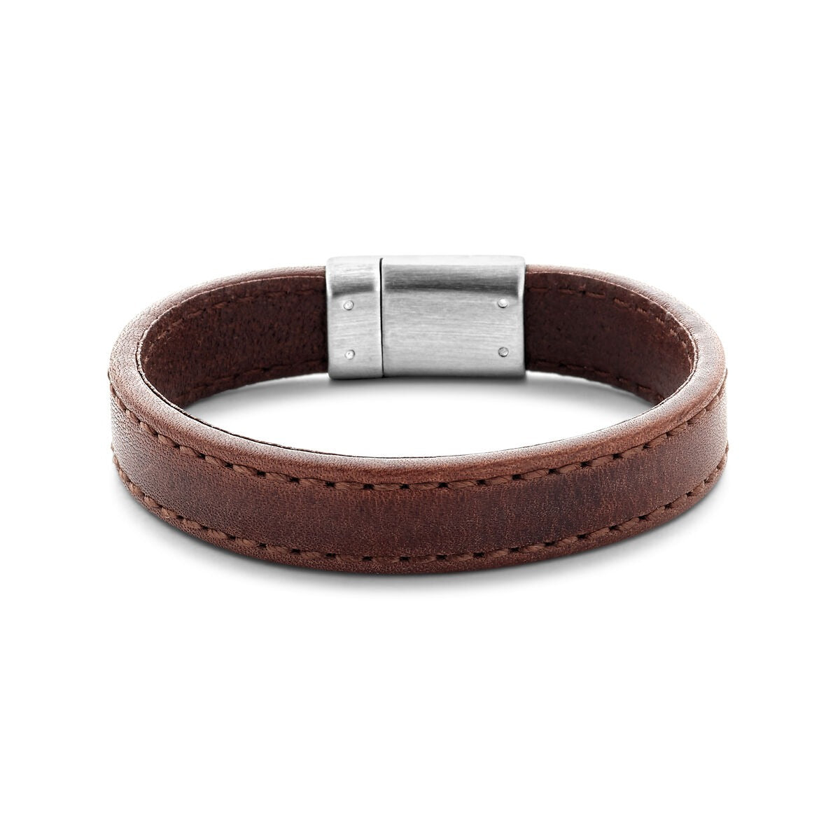 Bracelet en cuir marron foncé avec fermoir en acier inoxydable.