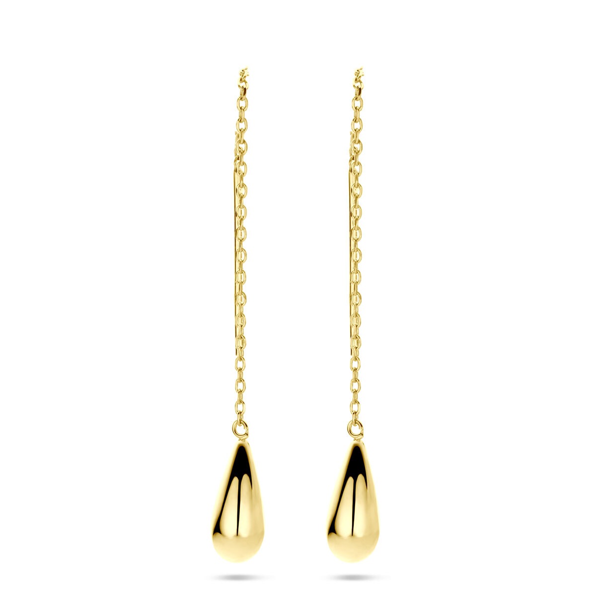 Boucles d'oreilles en or 14k en forme de goutte, suspendues par une chaîne délicate.