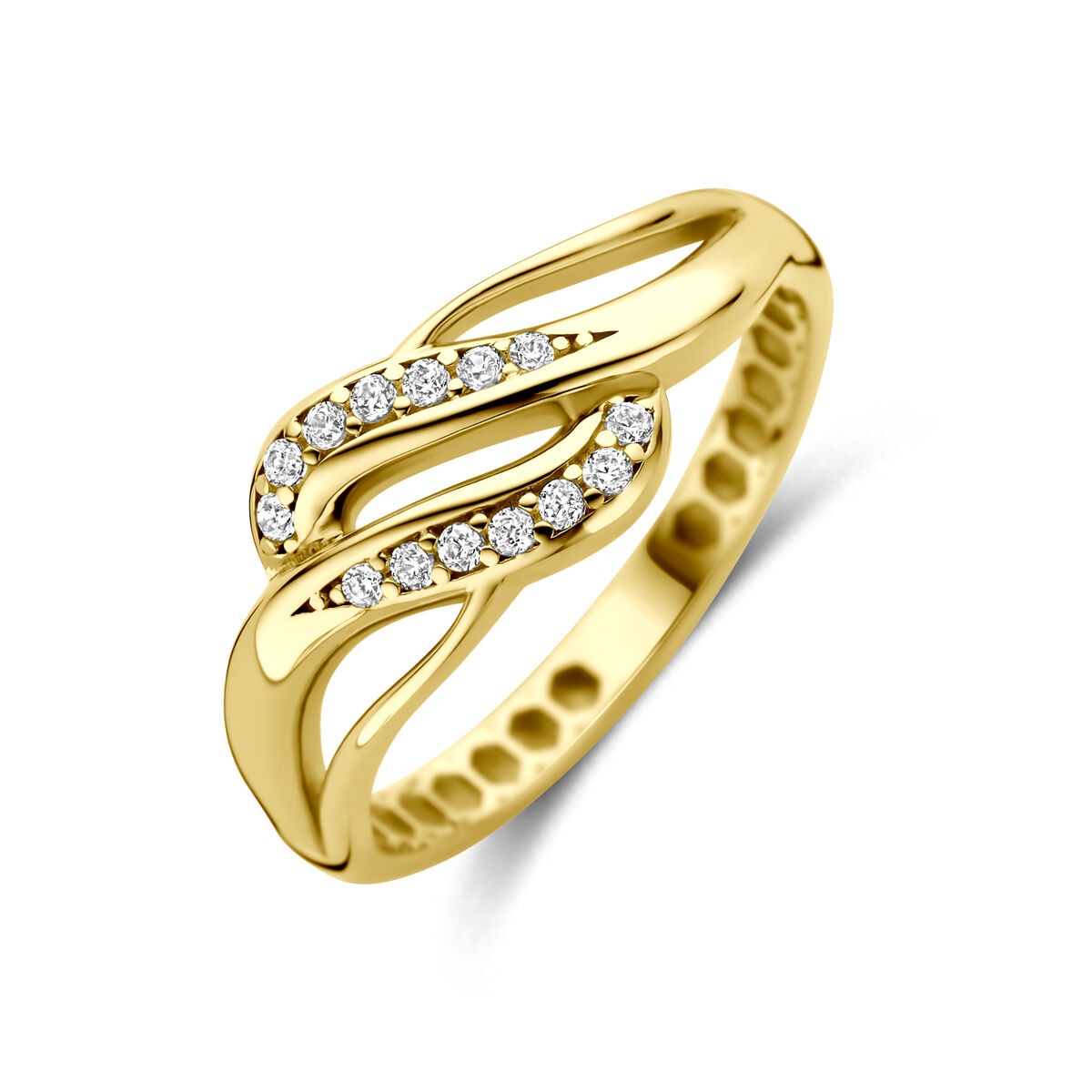 Bague en or jaune 14k avec zircons, design ondulé et brillant.