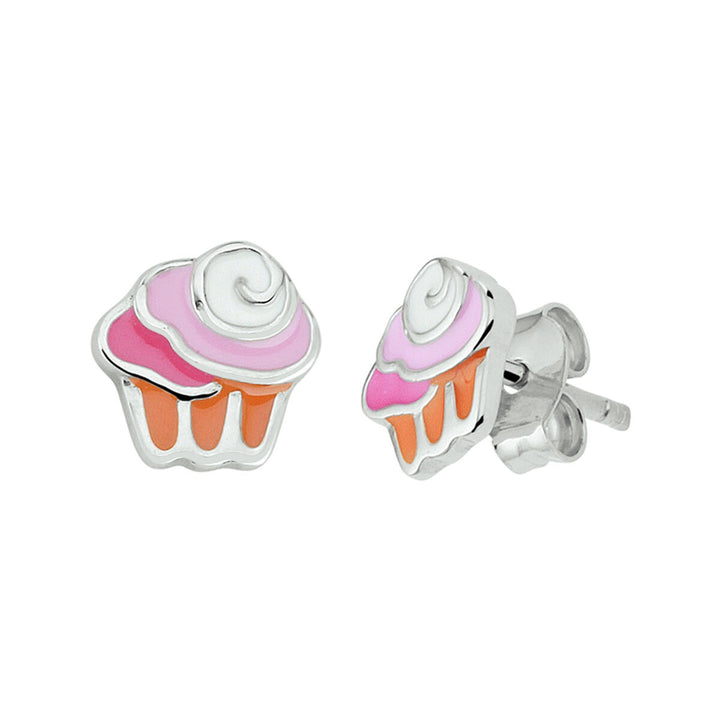 Zilveren oorknopjes cupcake – gerhodineerd met gekleurd emaille