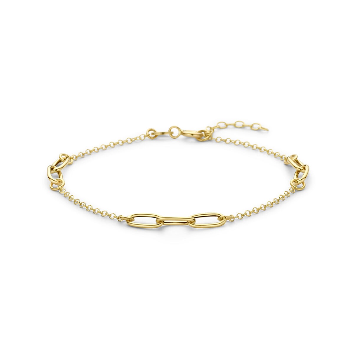 Bracelet en or jaune 14 carats avec maillons allongés et chaîne délicate.