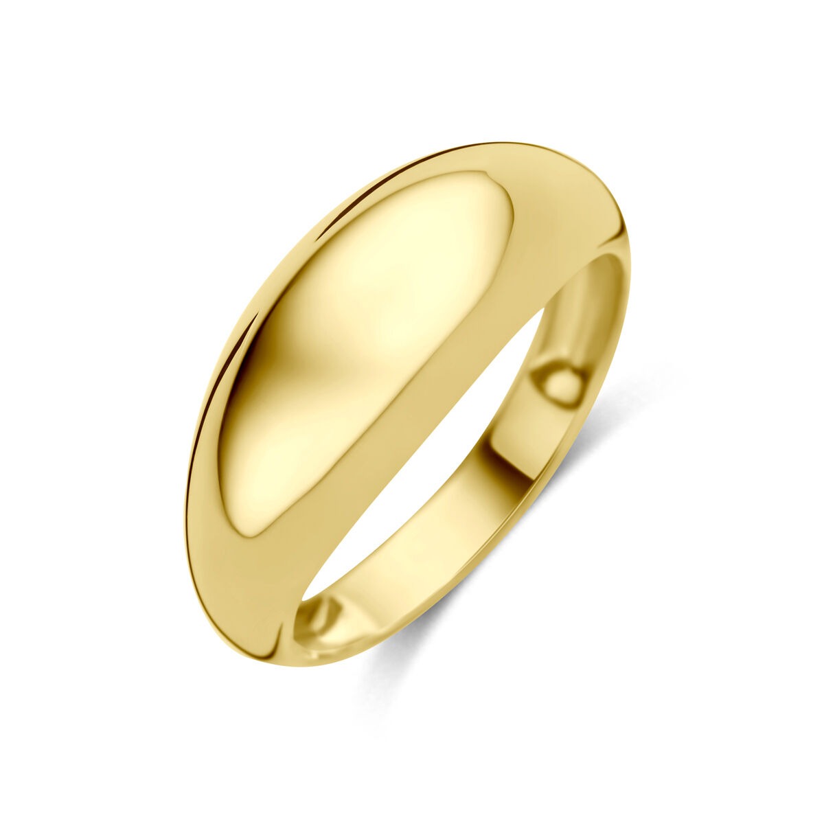 Bague en or jaune 14 carats, lisse et brillante, de forme légèrement arrondie.