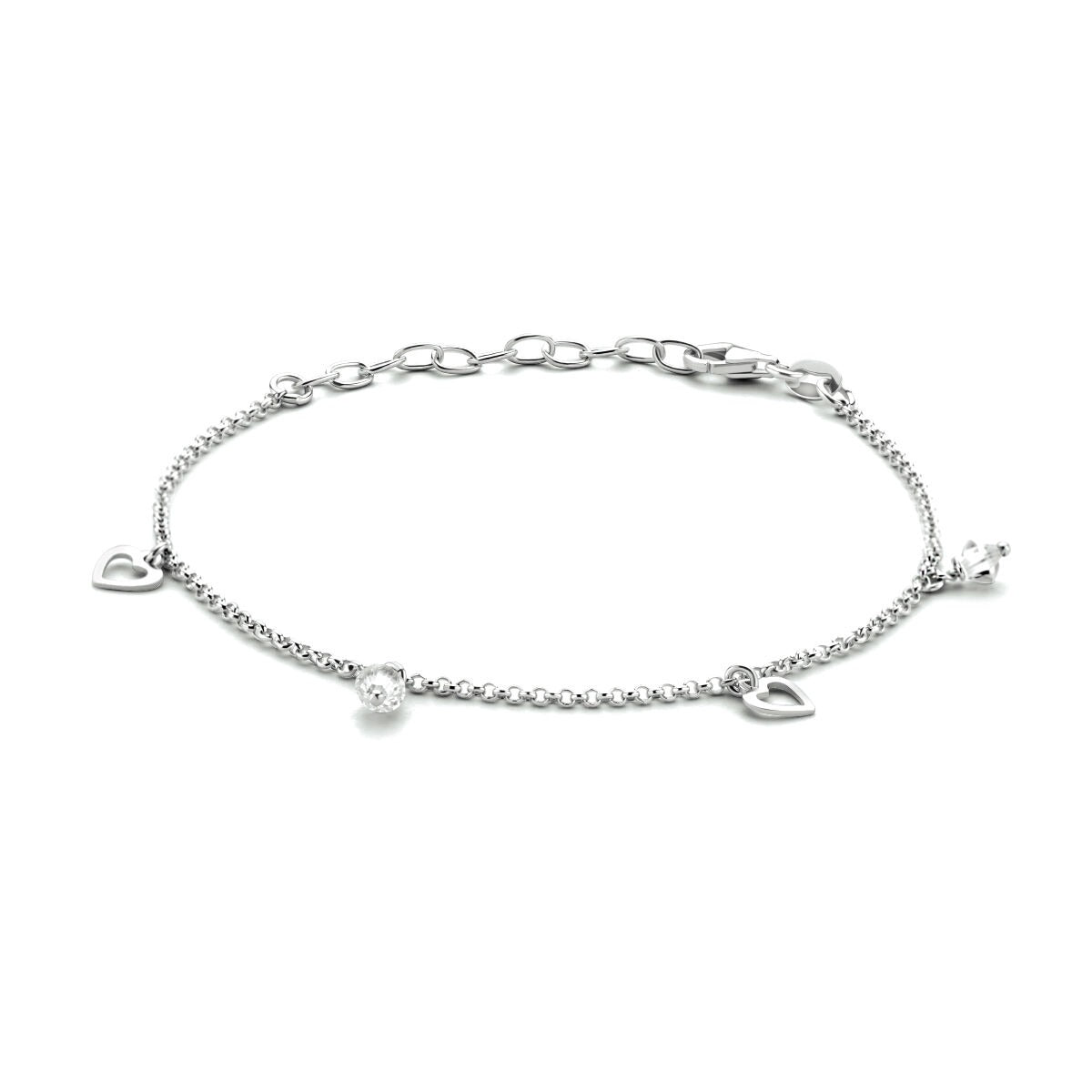 Bracelet jonc en argent rhodié 925 avec pierres transparentes et charms en forme de cœur.