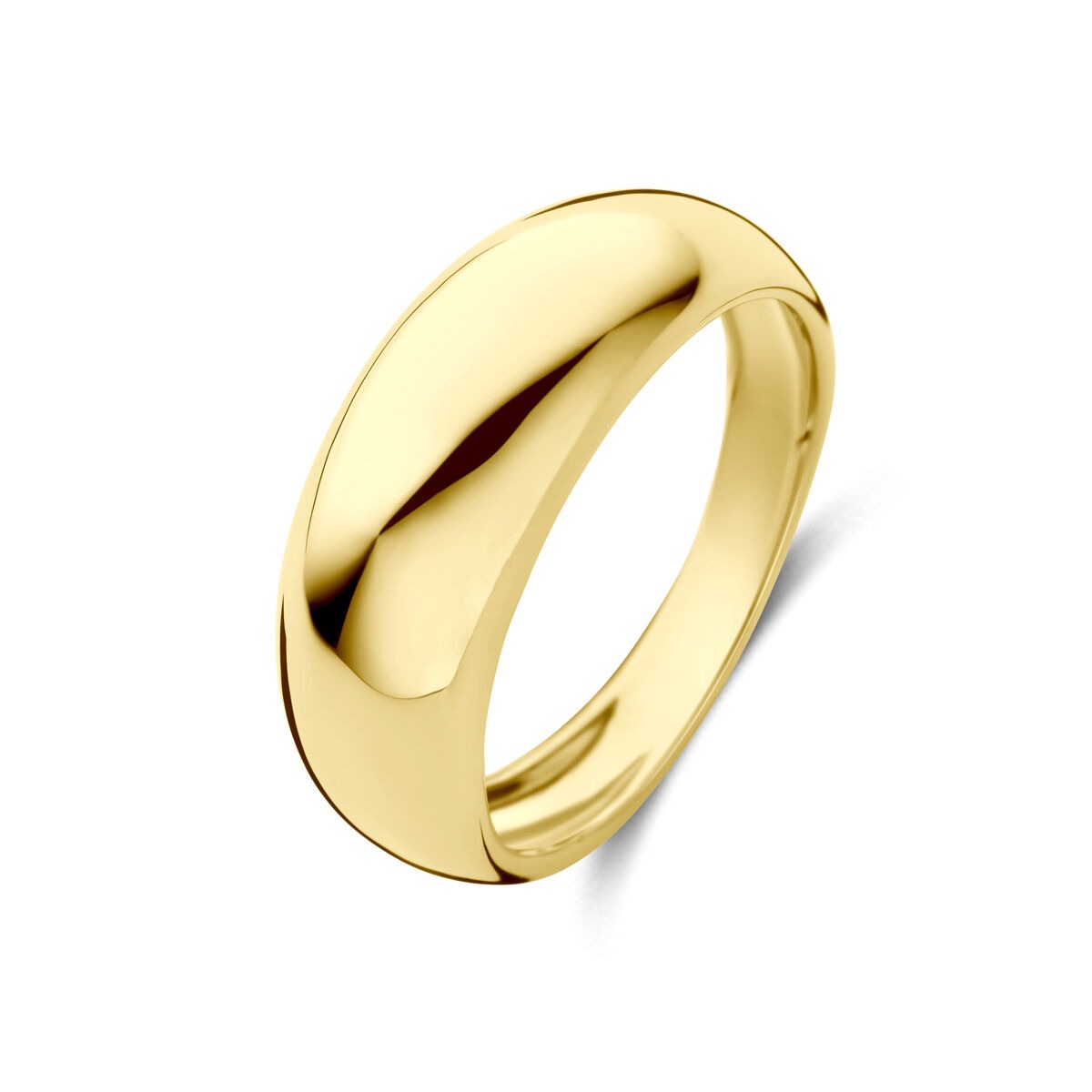 Bague en or jaune de 14 carats, large de 7,5 mm, finition lisse et brillante.