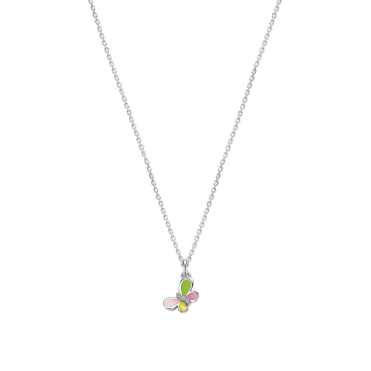 Zilveren kinderketting met een vlinderhanger, versierd met kleurrijke emaille en zirkonia.