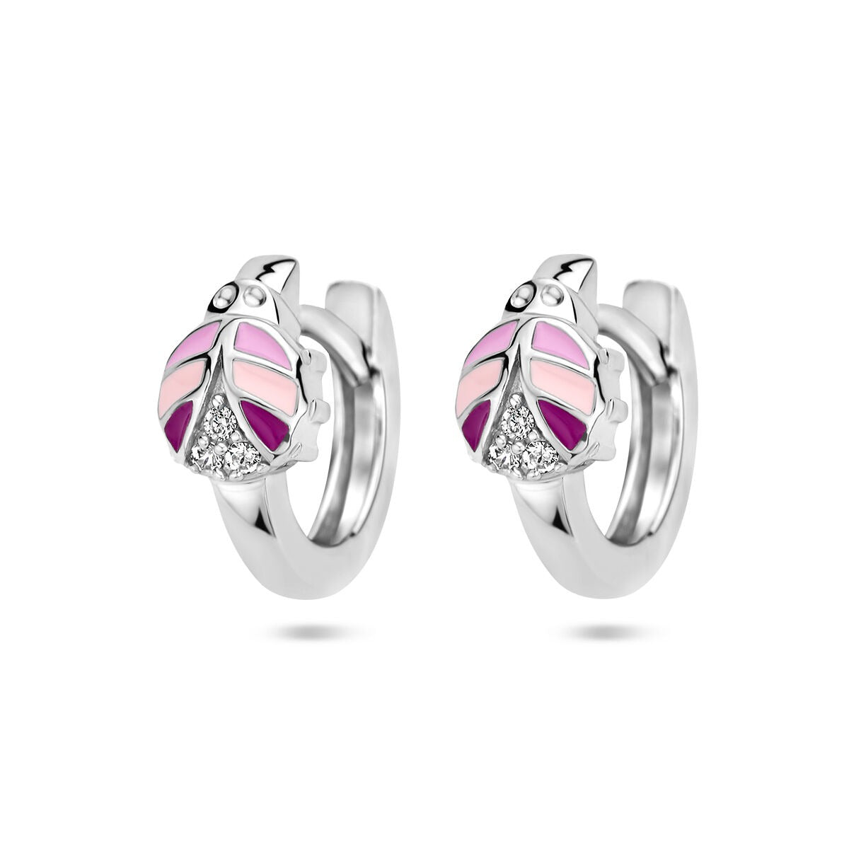 Boucles d'oreilles en argent rhodié 925 avec motif de coccinelle et zirconia, couleurs rose et violet.