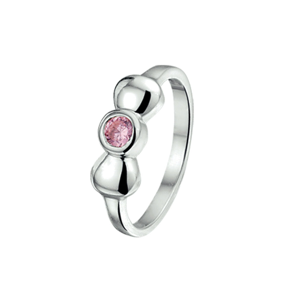 Bague en argent rhodié pour enfant avec un nœud et un zircon rose.