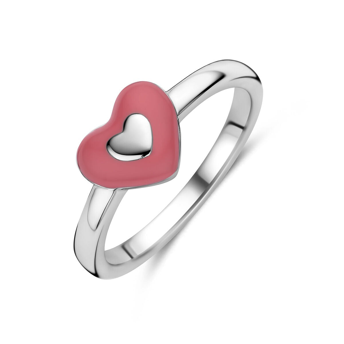 Bague en argent 925 rhodié avec un cœur en émail rose.