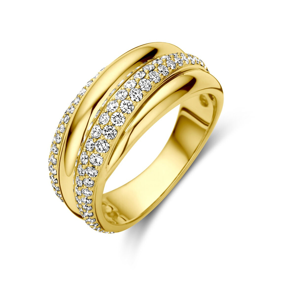 Bague en or 14 carats avec diamants brillants de 0,71 ct, finition lisse et détails scintillants.