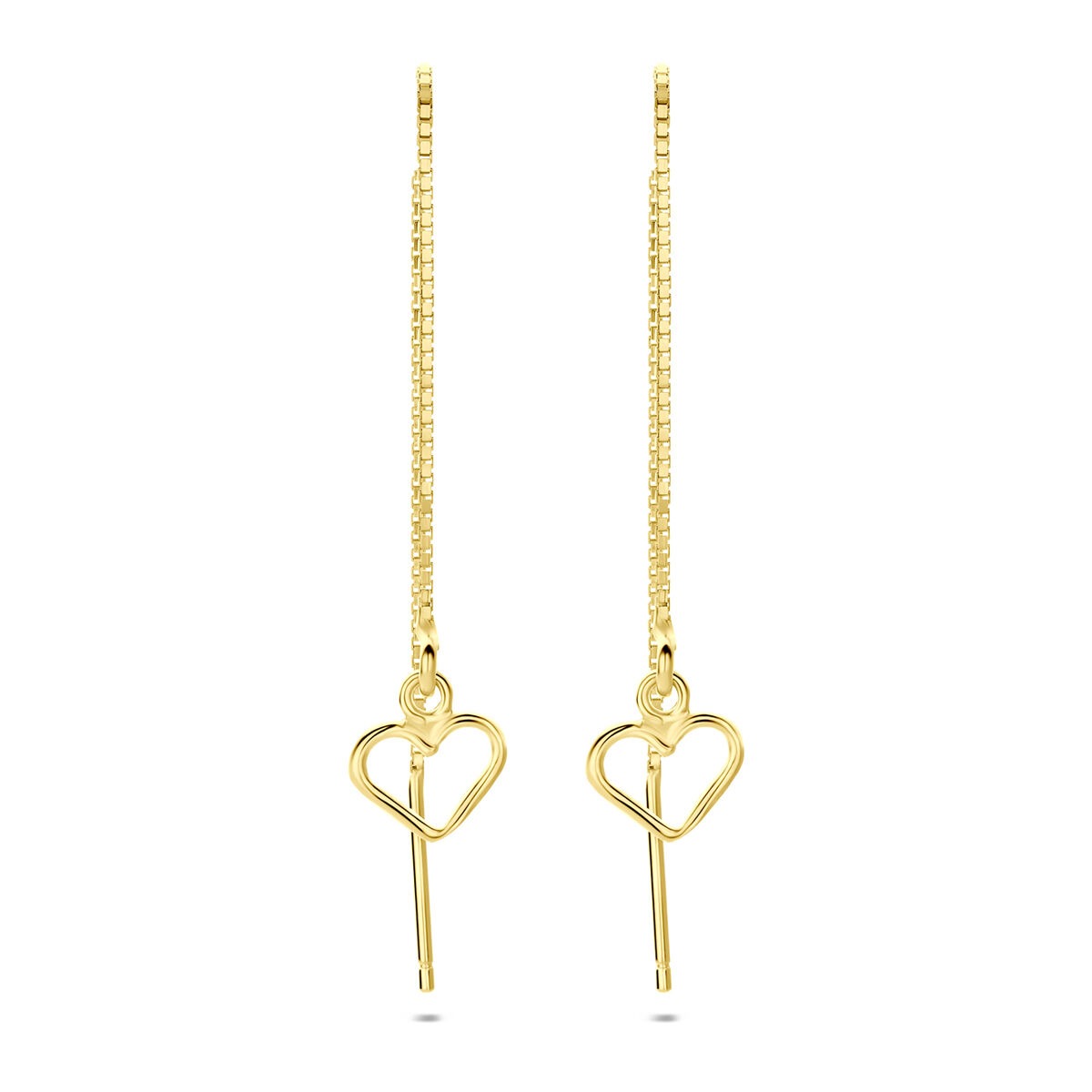 Boucles d'oreilles en argent doré avec un design en forme de cœur et une tige pendante.