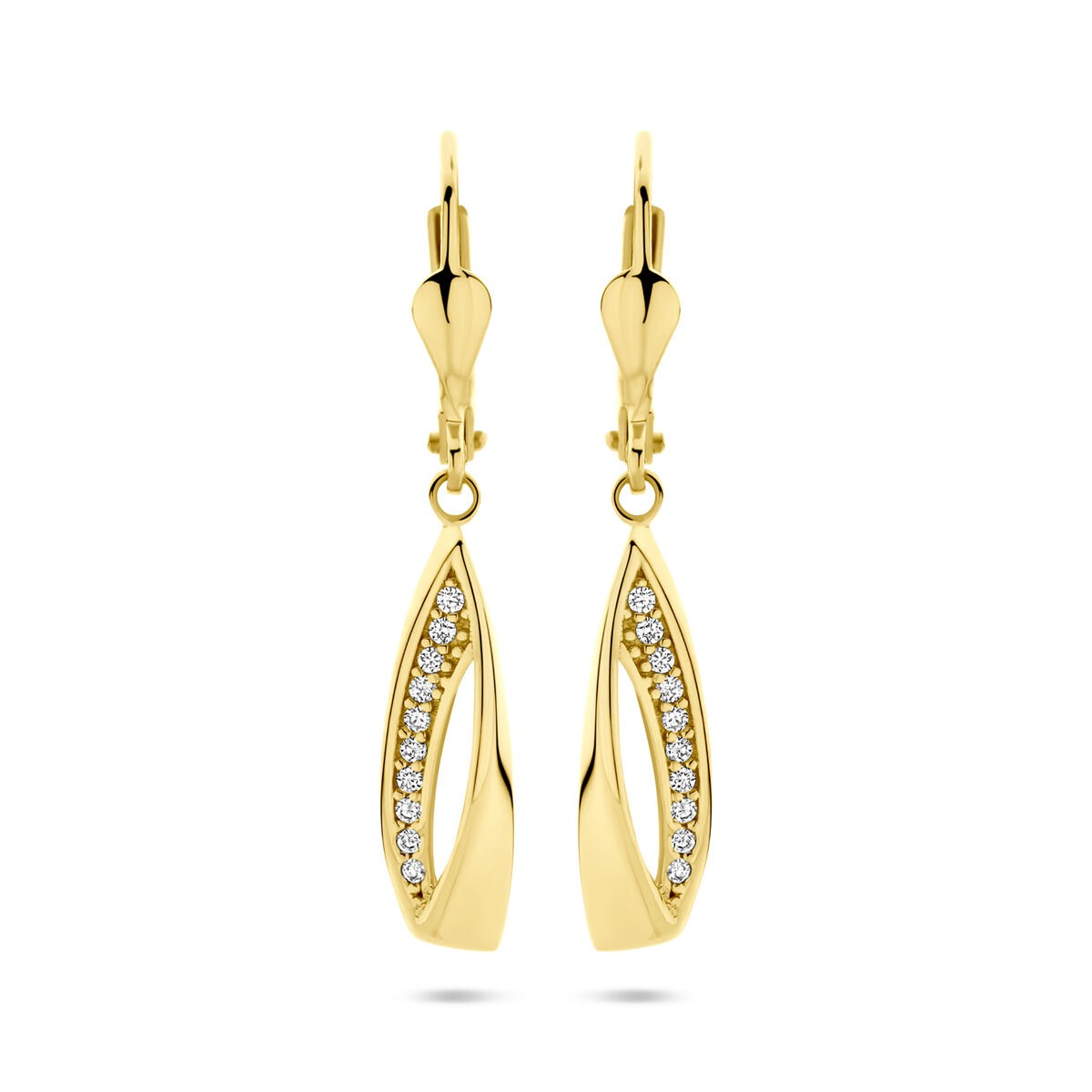 Boucles d'oreilles en or jaune 14 carats avec zircons, en forme de goutte allongée.