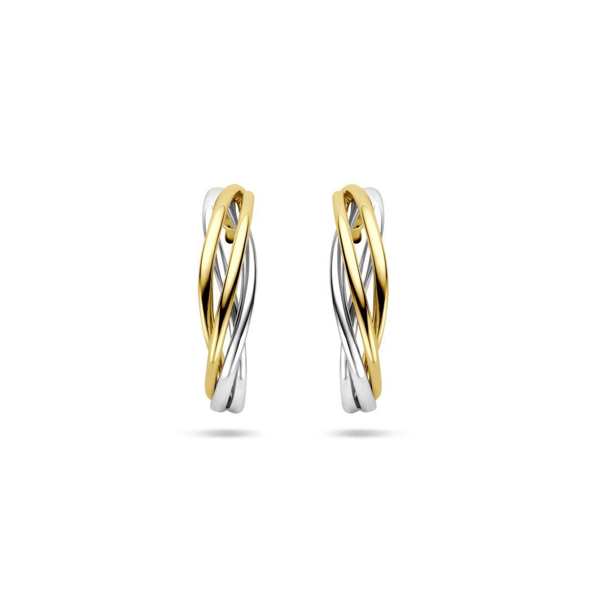 Boucles d'oreilles bicolores en or 14 carats, jaune et blanc, de 17 mm.