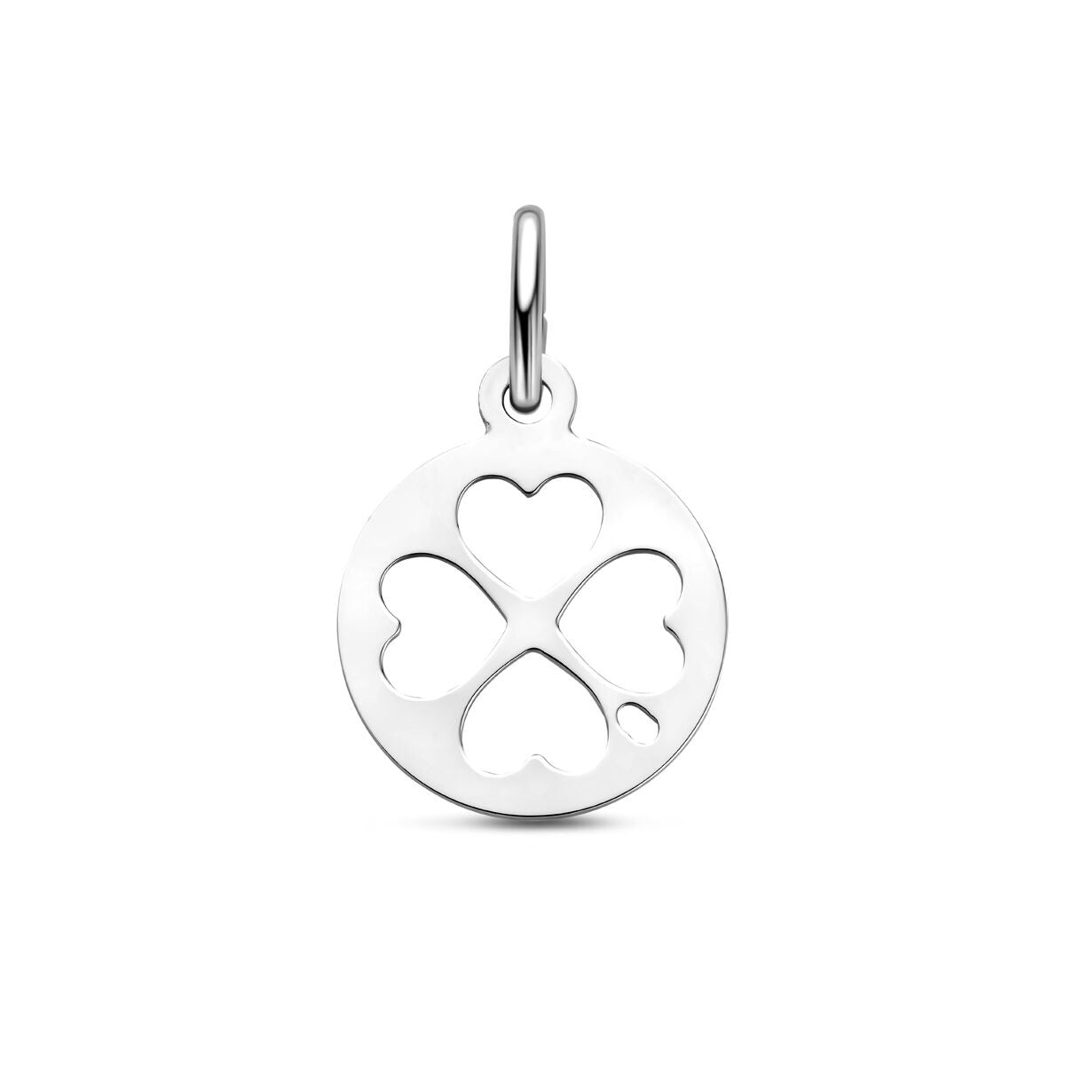 Zilveren gerhodineerde hanger met uitgesneden klavertje, diameter 19 mm.