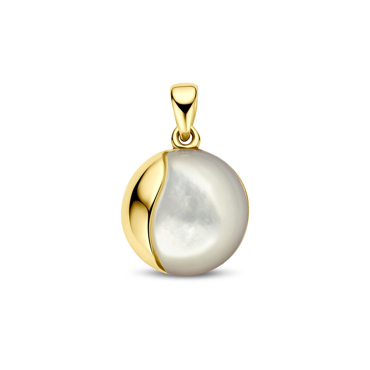 Pendentif en or jaune 14 carats avec une perle de nacre de 14 mm, forme ronde et finition lisse.