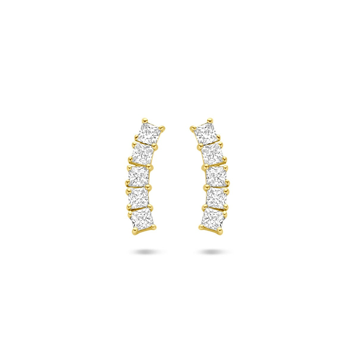 Boucles d'oreilles en or 14 carats avec zirconiums, mesurant 12 mm, en forme courbée.