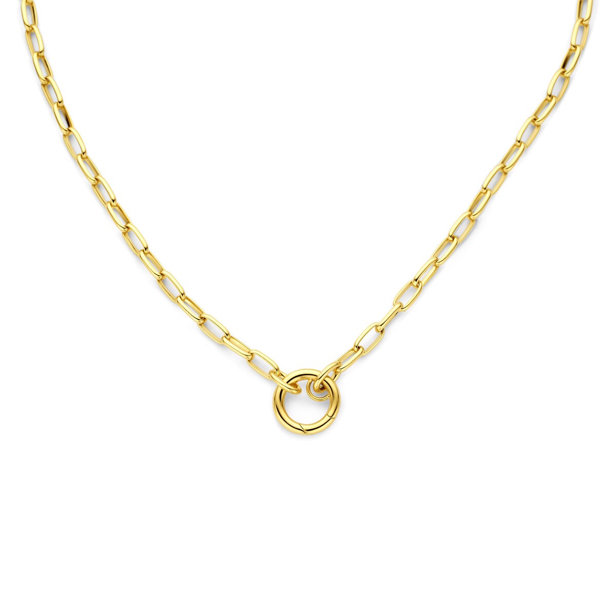 Collier en or jaune 14k avec maillons en forme de trombone et un fermoir circulaire.
