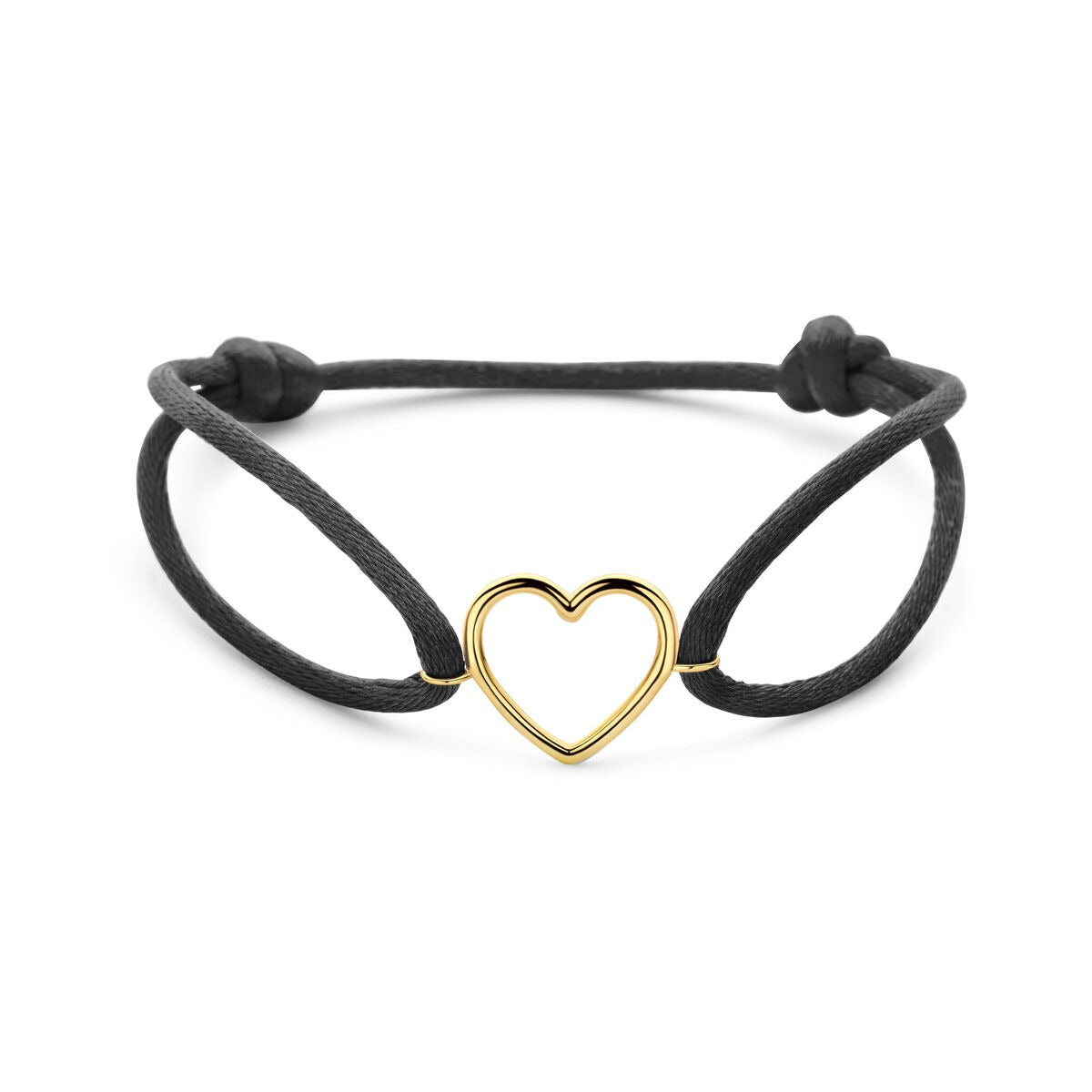 Bracelet noir en satin avec un cœur en or 14K, ajustable de 13 à 26 cm.