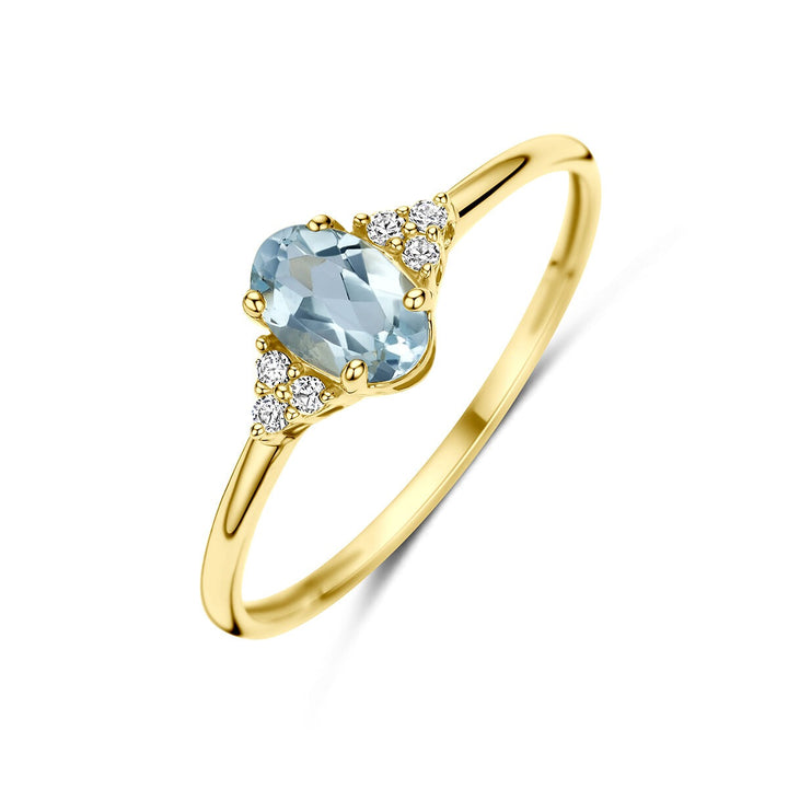 14k Geelgouden ring met blauwe topaas en zirkonia