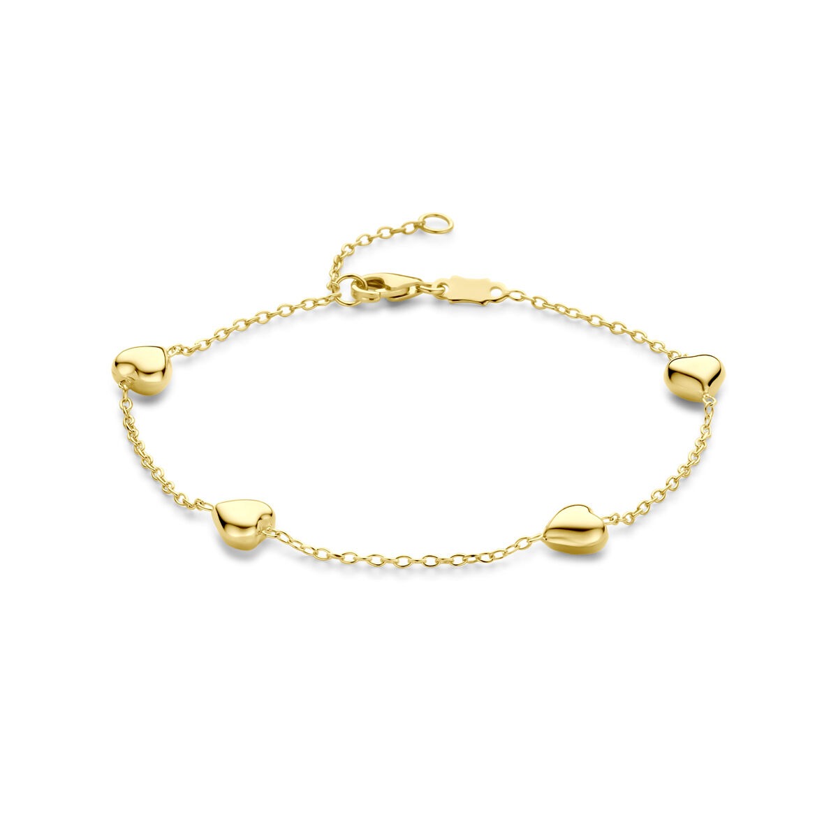 Bracelet en or jaune 14 carats avec des cœurs, longueur de 16 à 18 cm.