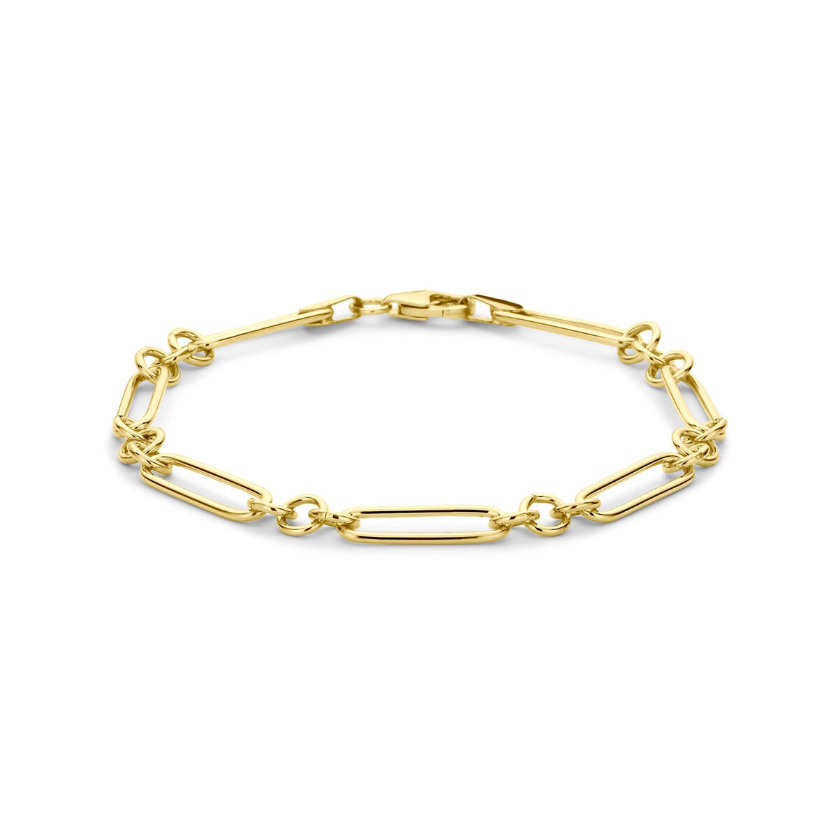 Bracelet en or jaune 14 carats avec cœur en argent 925, maillons ovales et fermoir.