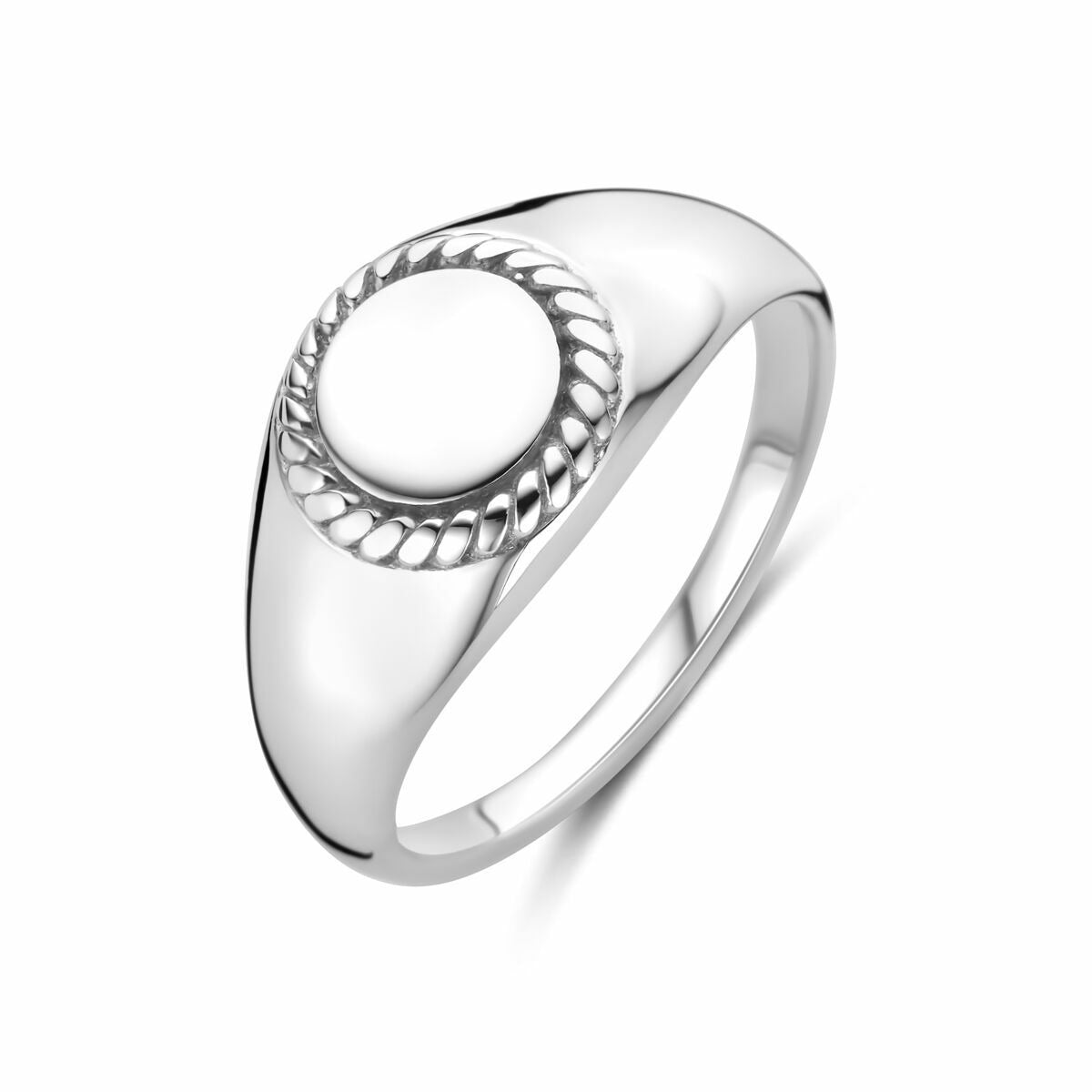 Bague en argent rhodié 925 avec un design lisse et un motif tressé autour du cabochon.