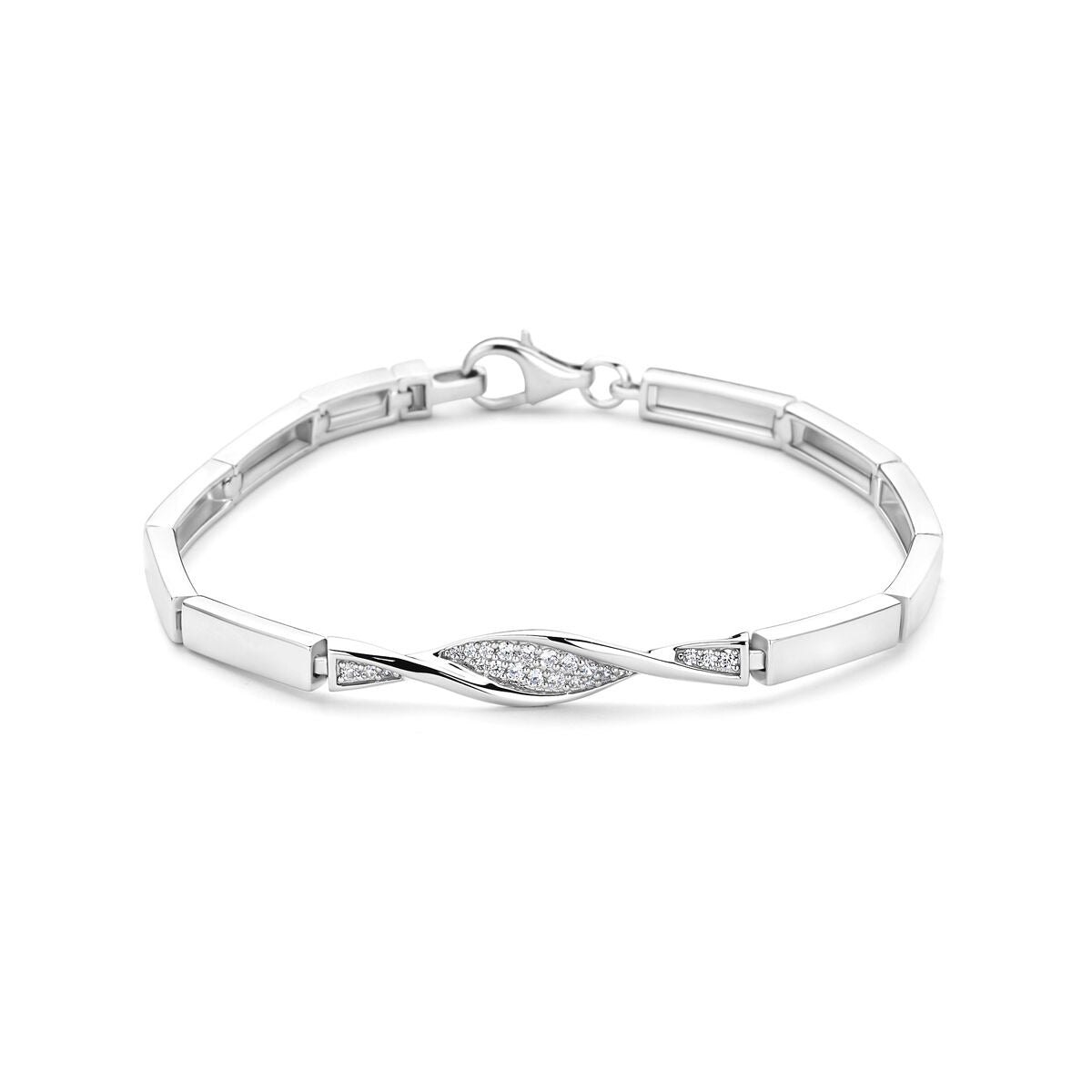 Gerhodineerde 925 zilveren armband met een golvende schakel en zirkonia in het midden.