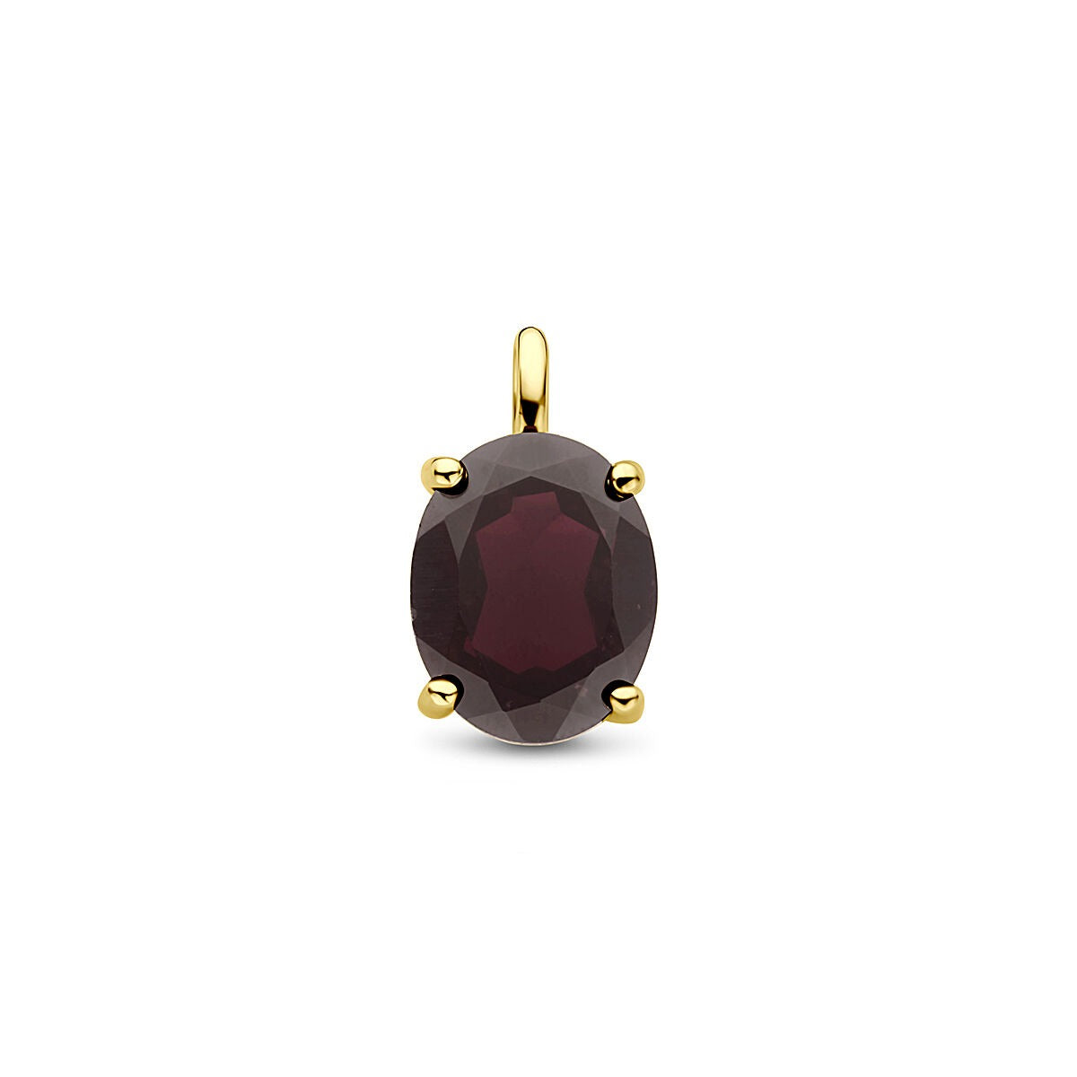 Verguld zilveren hanger met een ovale, facetterende granaat in diepe rode kleur, 14 mm groot.