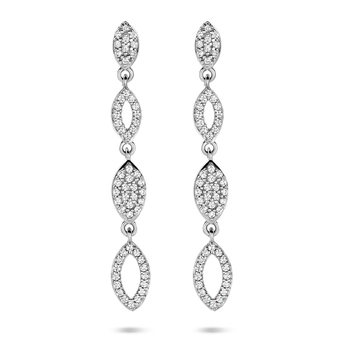 Boucles d'oreilles en argent rhodié avec zirconia, longueur de 39 mm, design en forme de losange.